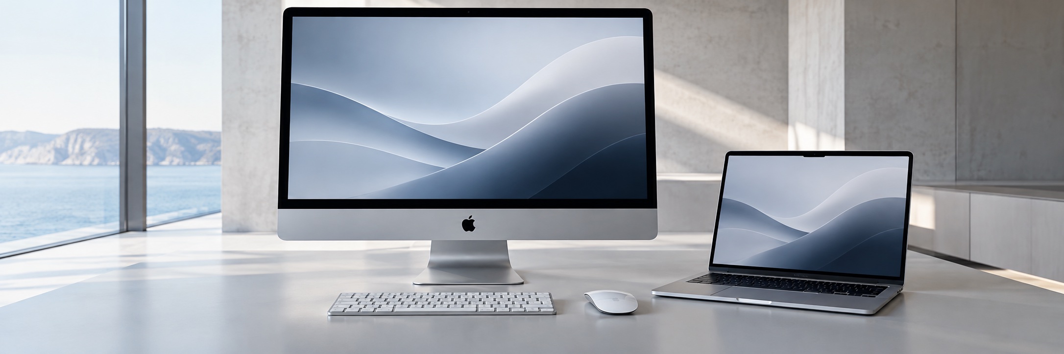 Espacio de trabajo con iMac y MacBook en tonos claros